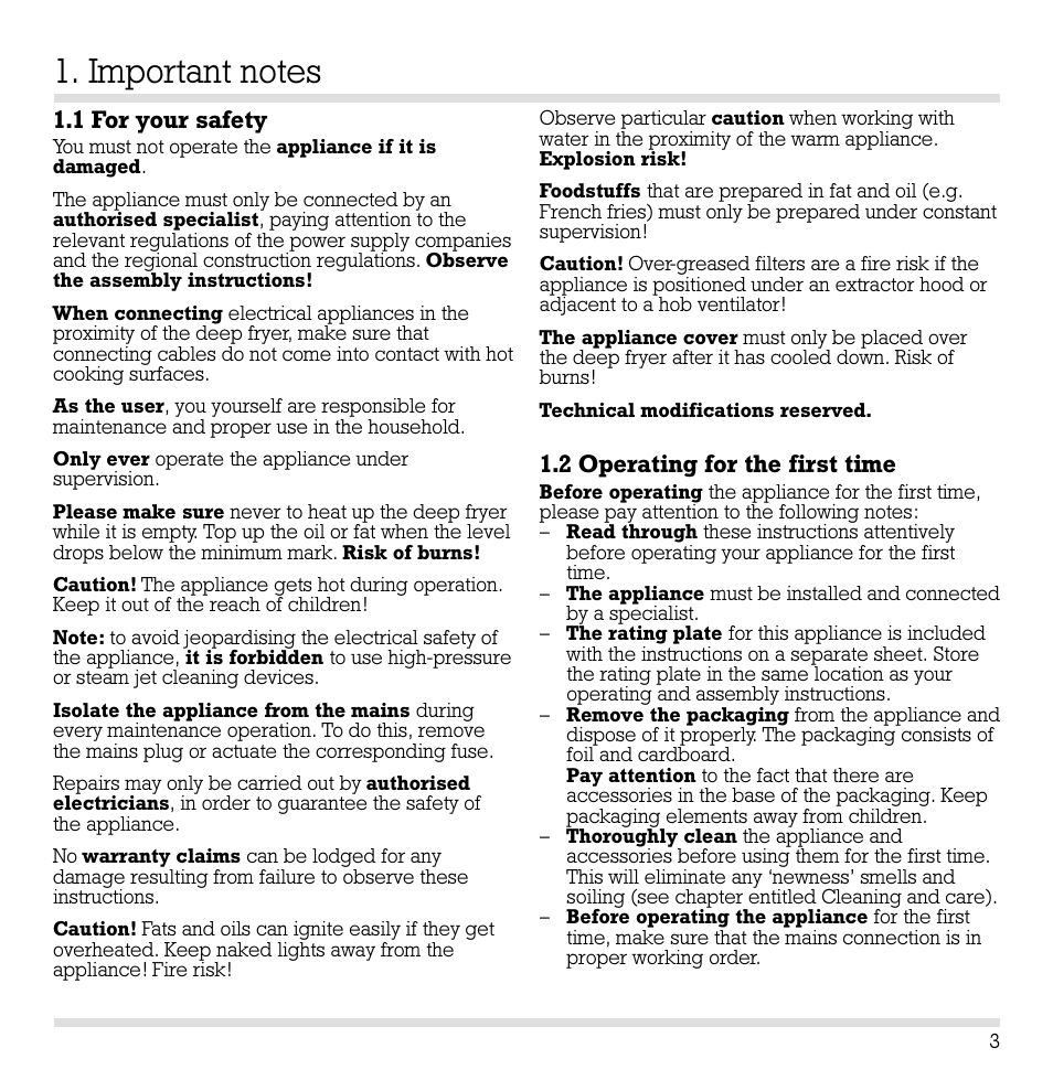 1 for your safety, 2 operating for the first time | Gaggenau VF 230 User Manual | Page 4 / 18