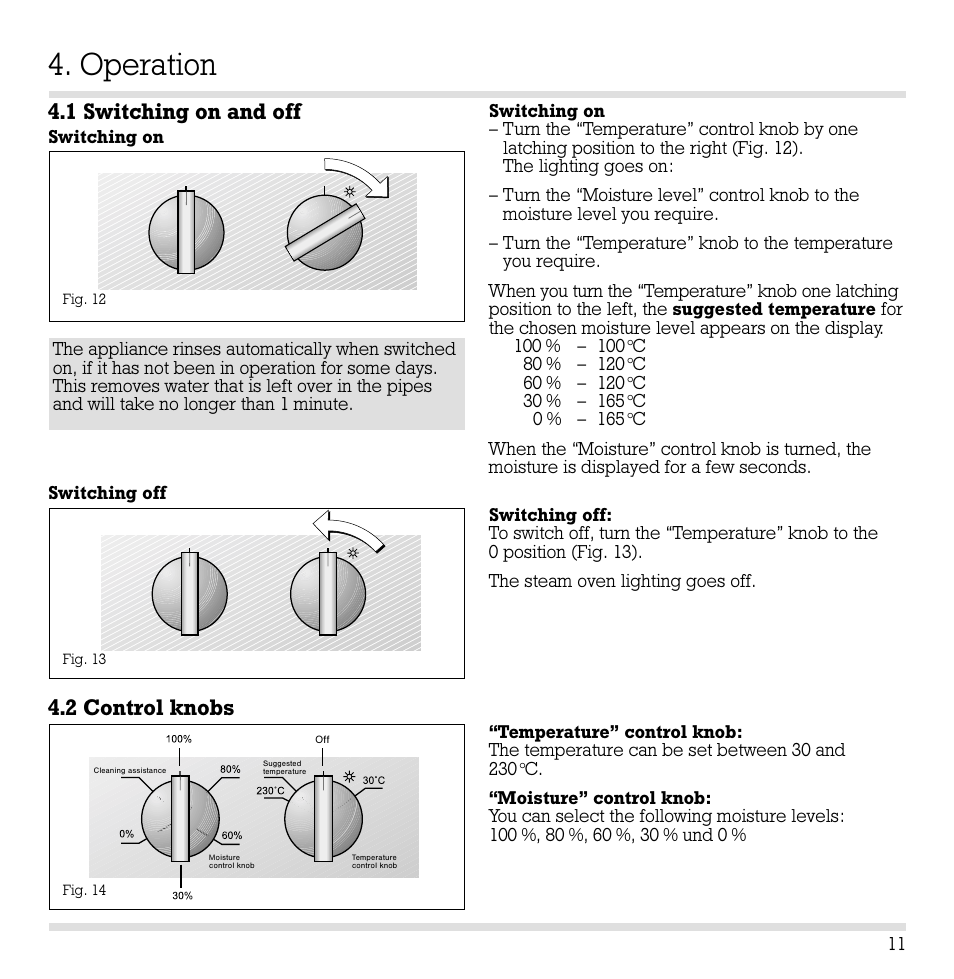 Operation, 1 switching on and off, 2 control knobs | Gaggenau ED221 User Manual | Page 12 / 46