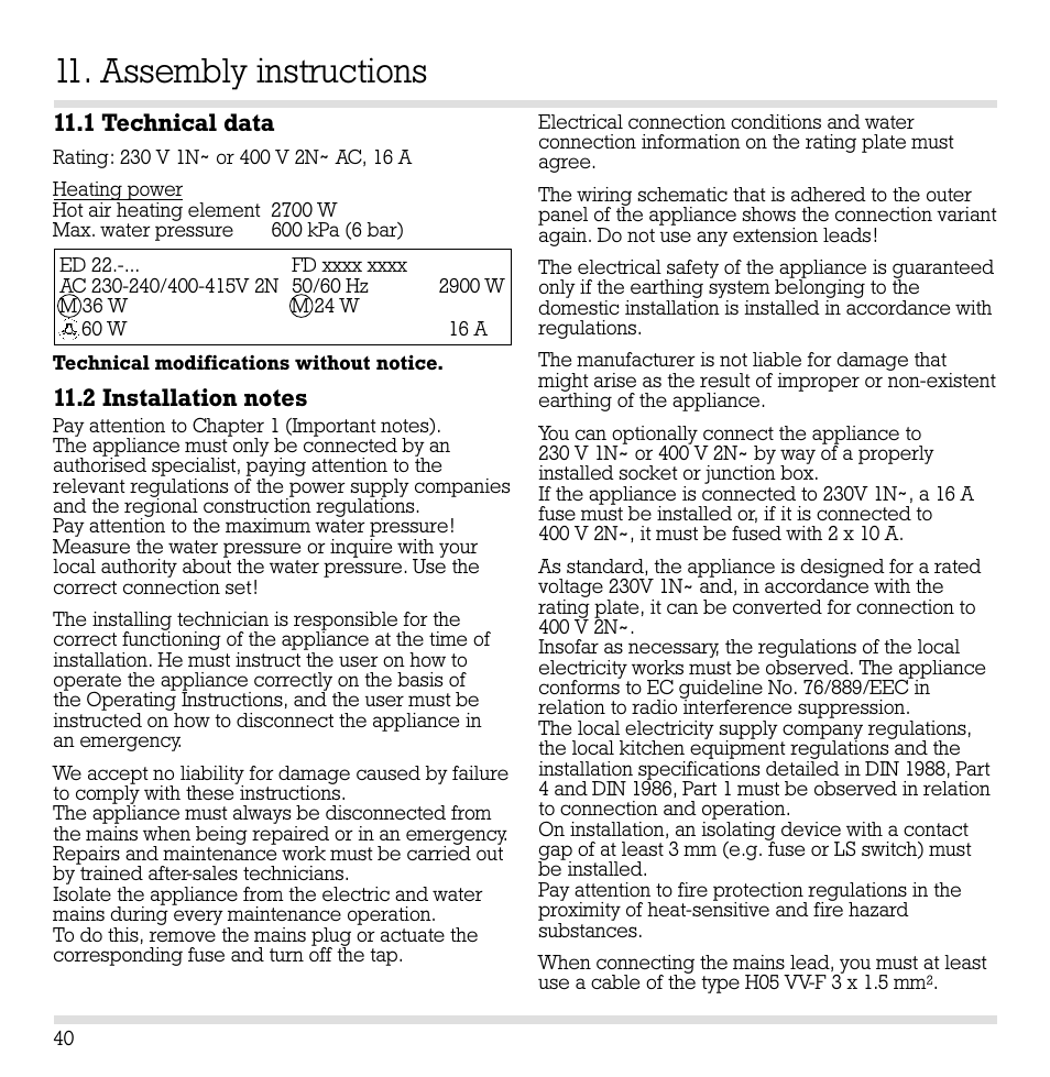 Assembly instructions, 1 technical data | Gaggenau ED221 User Manual | Page 41 / 46