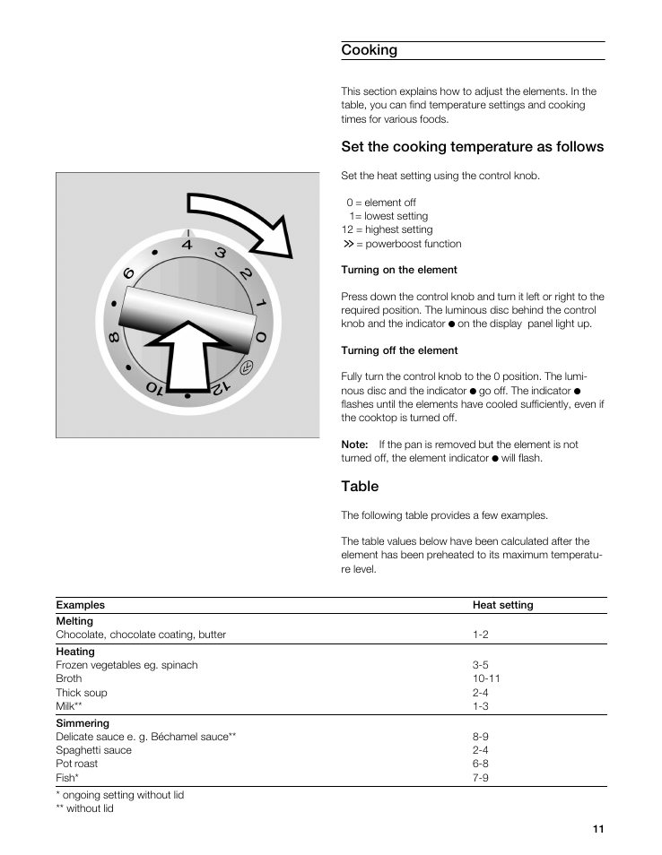 Cooking, Set the cooking temperature as follows, Table | Gaggenau VI 411611 User Manual | Page 11 / 52