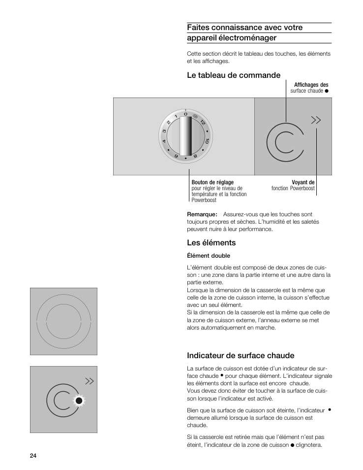 Le tableau de commande, Les éléments, Indicateur de surface chaude | Gaggenau VI 411611 User Manual | Page 24 / 52