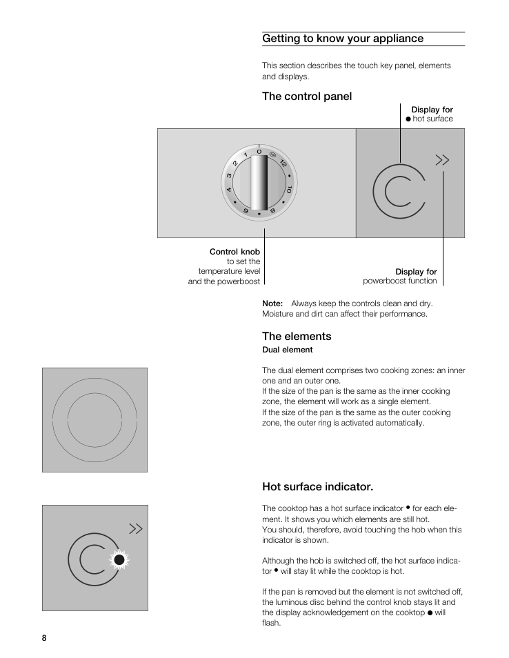 Getting to know your appliance, The control panel, The elements | Hot surface indicator | Gaggenau VI 411611 User Manual | Page 8 / 52