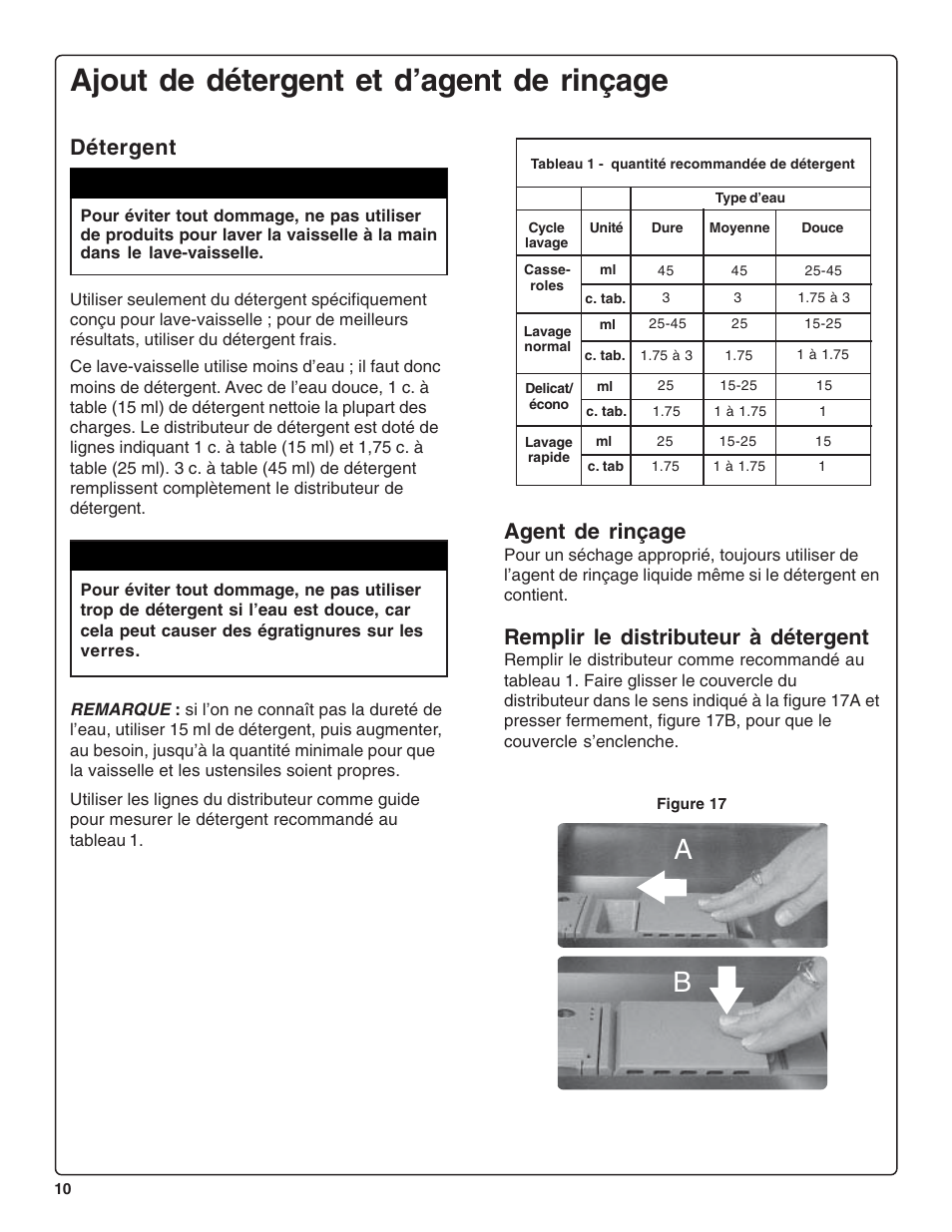 Ajout de détergent et d’agent de rinçage, Attention, Agent de rinçage | Remplir le distributeur à détergent, Détergent | Gaggenau DF 241-760 User Manual | Page 32 / 64