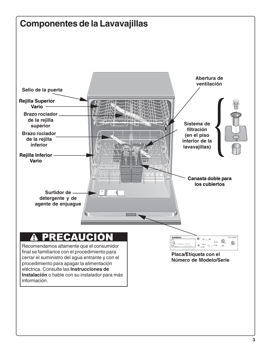 Precaución, Componentes de la lavavajillas | Gaggenau DF 241-760 User Manual | Page 45 / 64
