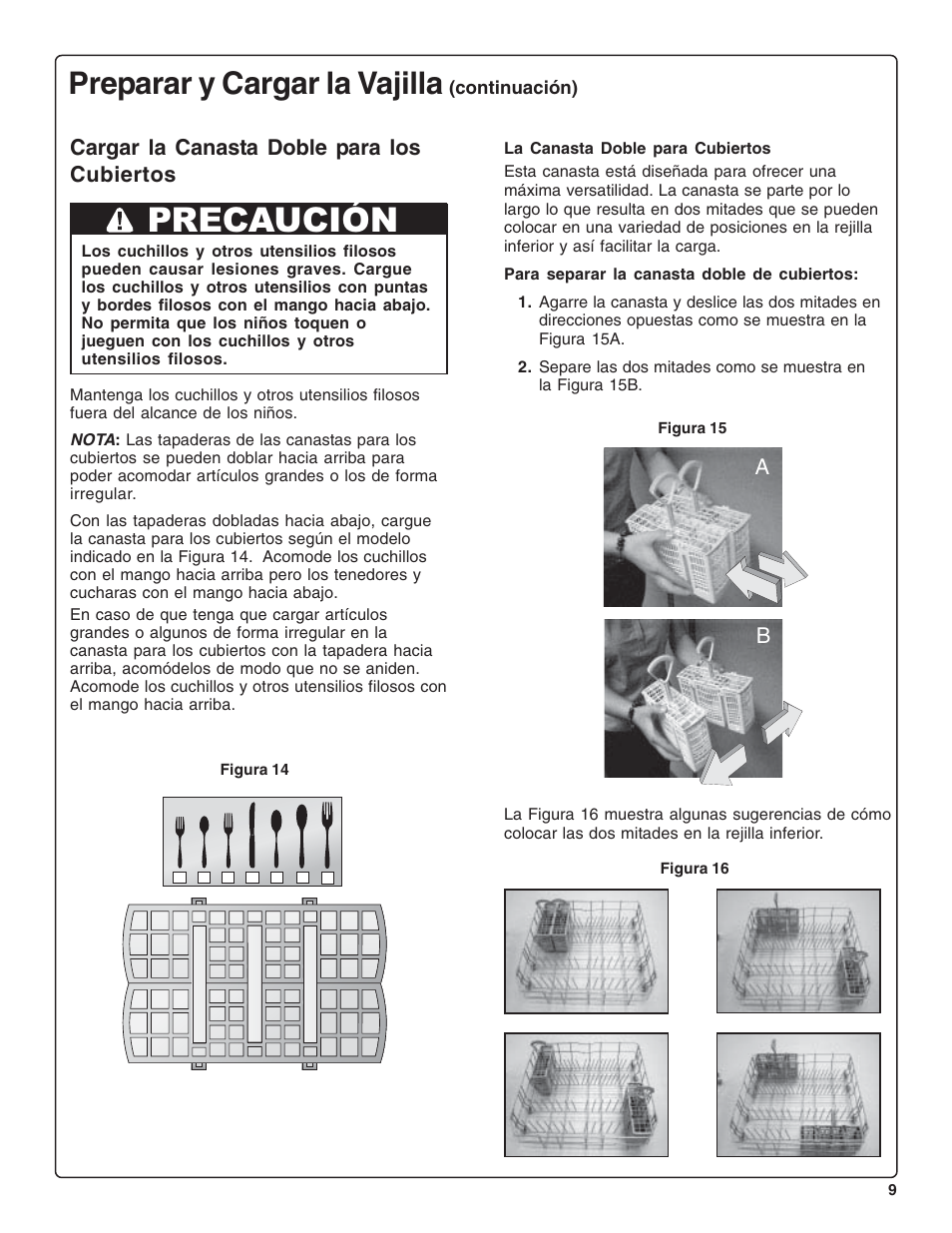 Precaución, Preparar y cargar la vajilla, Ab cargar la canasta doble para los cubiertos | Continuación) | Gaggenau DF 241-760 User Manual | Page 51 / 64