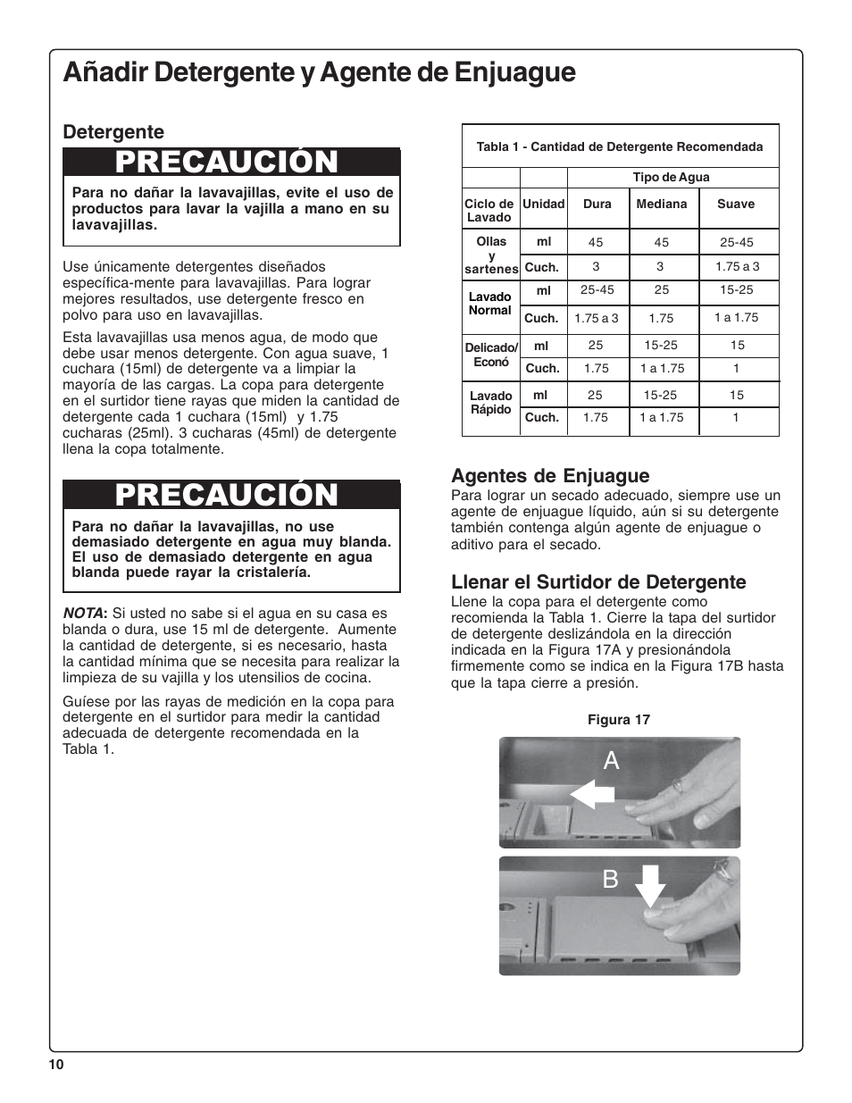 Precaución, Añadir detergente y agente de enjuague, Agentes de enjuague | Llenar el surtidor de detergente, Detergente | Gaggenau DF 241-760 User Manual | Page 52 / 64