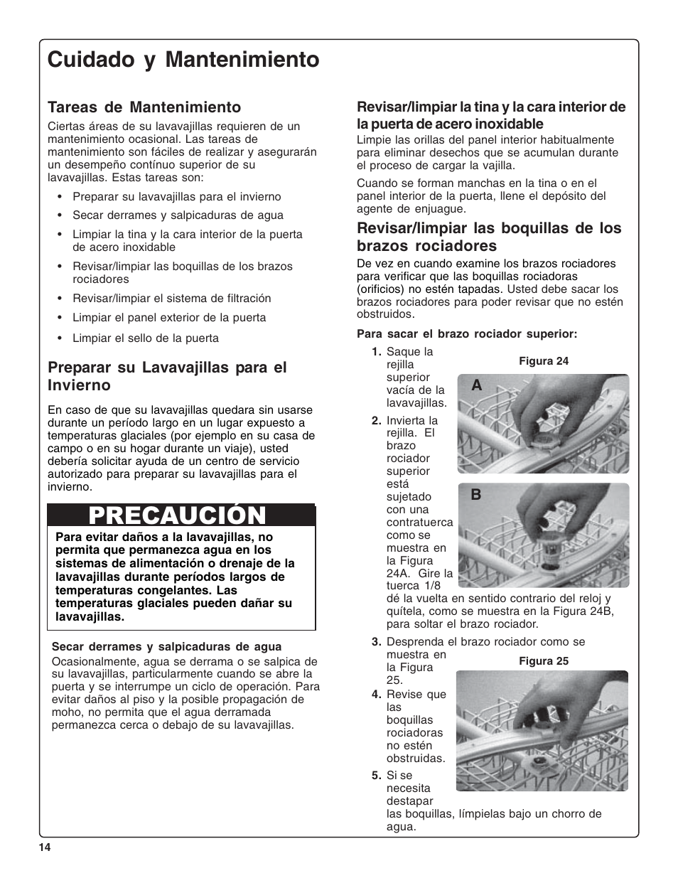 Precaución, Cuidado y mantenimiento, Tareas de mantenimiento | Preparar su lavavajillas para el invierno | Gaggenau DF 241-760 User Manual | Page 56 / 64