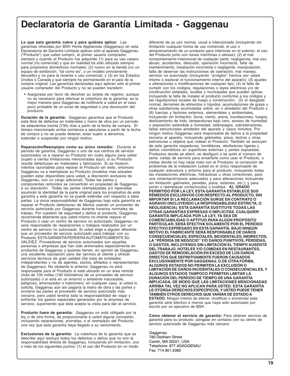 Declaratoria de garantía limitada - gaggenau | Gaggenau DF 241-760 User Manual | Page 61 / 64