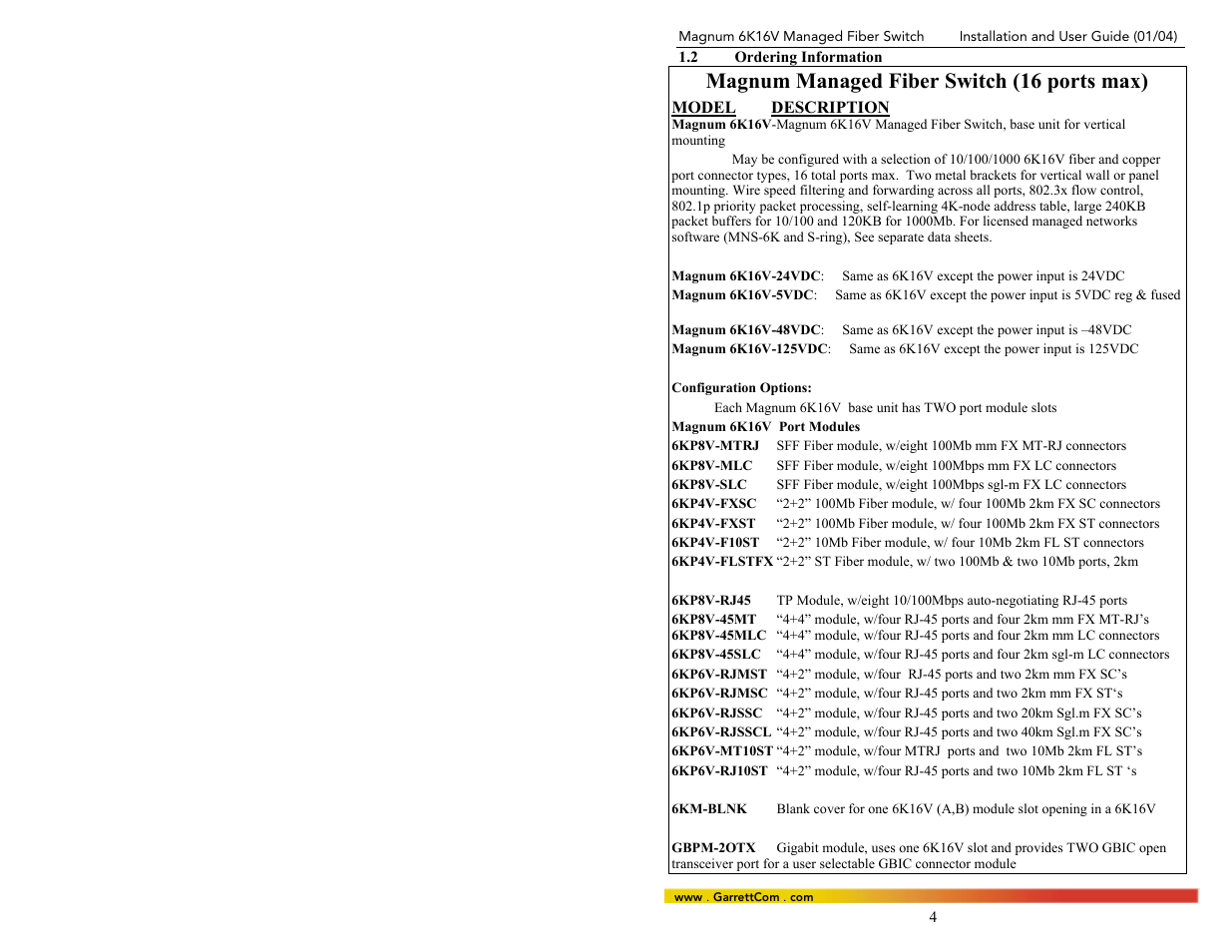 2ordering information, Magnum managed fiber switch (16 ports max) | GarrettCom 6K16V User Manual | Page 11 / 61