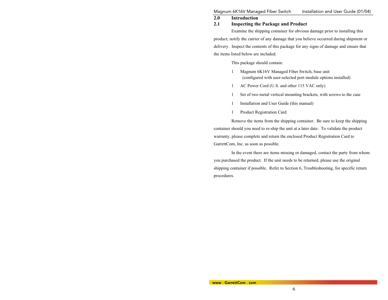 0introduction, 1inspecting the package and product | GarrettCom 6K16V User Manual | Page 13 / 61