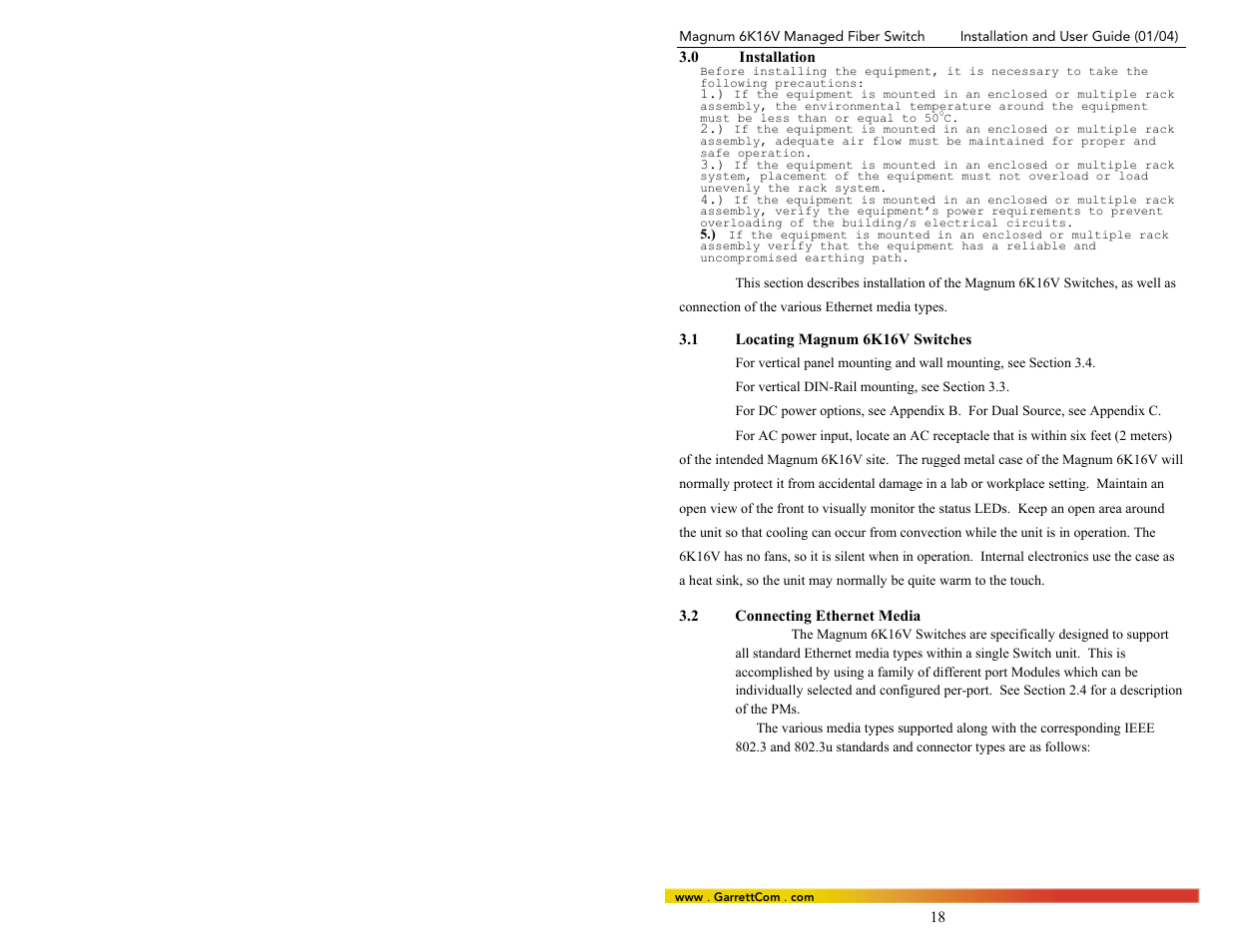 0 installation, 1locating magnum 6k16v switches, 2connecting ethernet media | GarrettCom 6K16V User Manual | Page 25 / 61