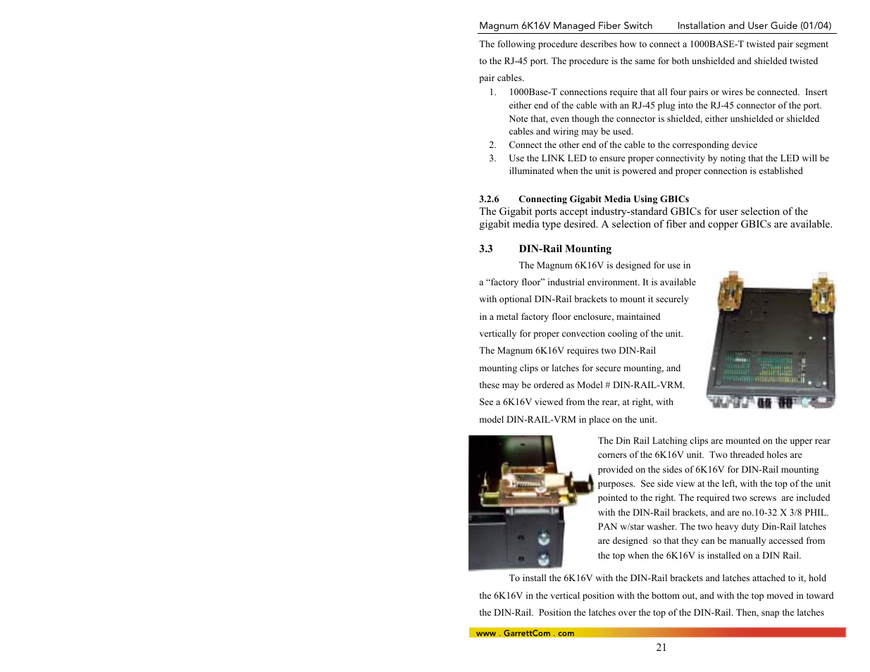 6connecting gigabit media using gbics, 3din-rail mounting | GarrettCom 6K16V User Manual | Page 28 / 61