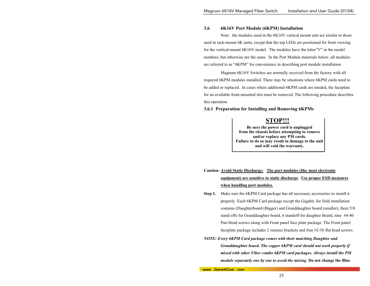 6 6k16v port module (6kpm) installation, 1 preparation for installing and removing 6kpms, Stop | GarrettCom 6K16V User Manual | Page 32 / 61