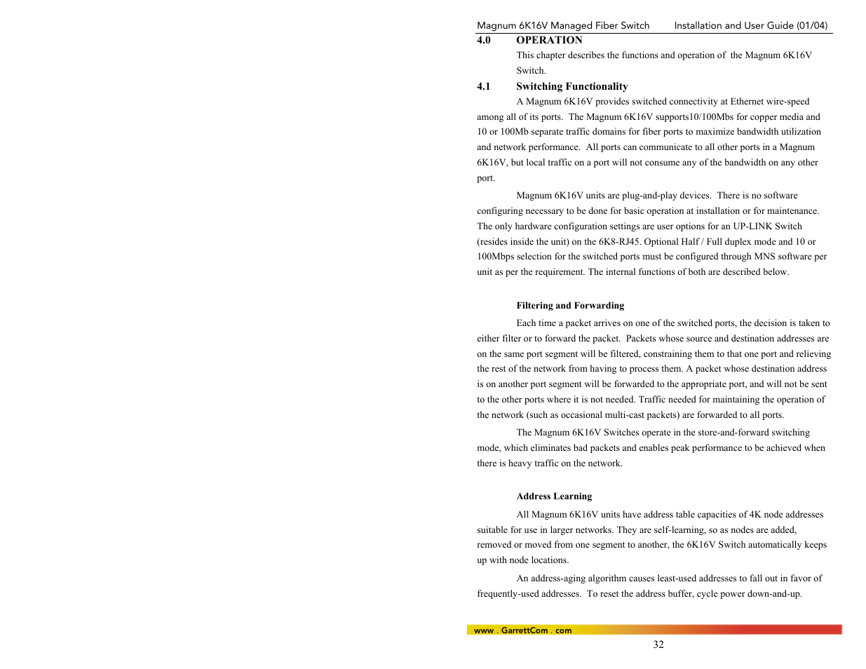0operation, 1switching functionality | GarrettCom 6K16V User Manual | Page 39 / 61