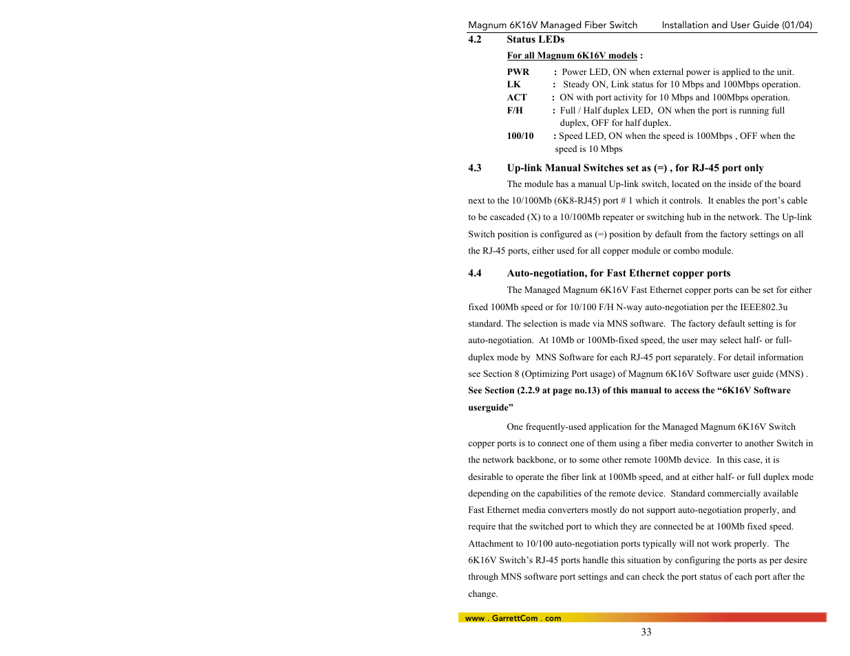 2status leds, 4auto-negotiation, for fast ethernet copper ports | GarrettCom 6K16V User Manual | Page 40 / 61