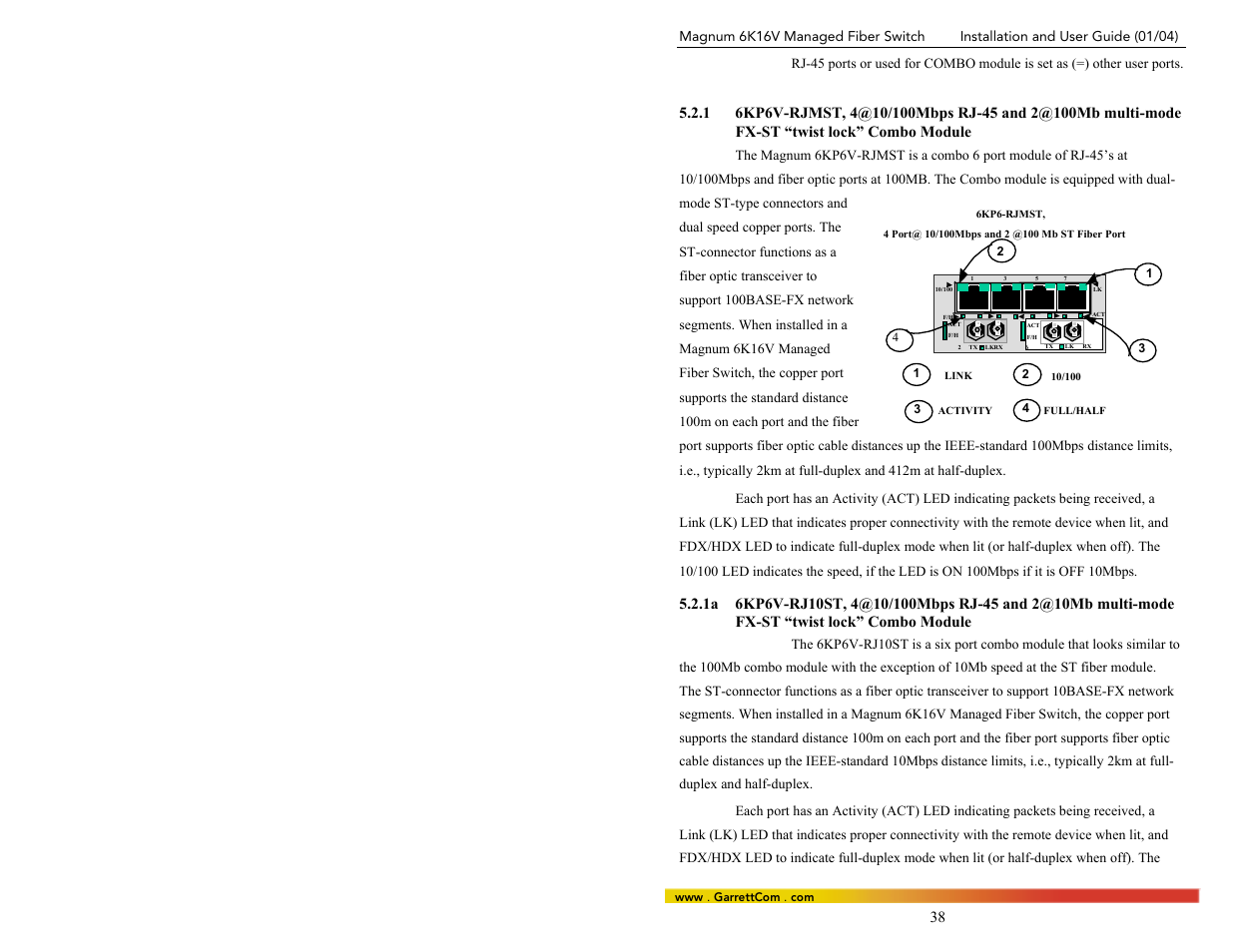 1 6kp6v-rjmst, 4@10/100mbps rj-45 and 2@100mb, 1a 6kp6v-rj10st, 4@10/100mbps rj-45 and 2@10m | GarrettCom 6K16V User Manual | Page 45 / 61