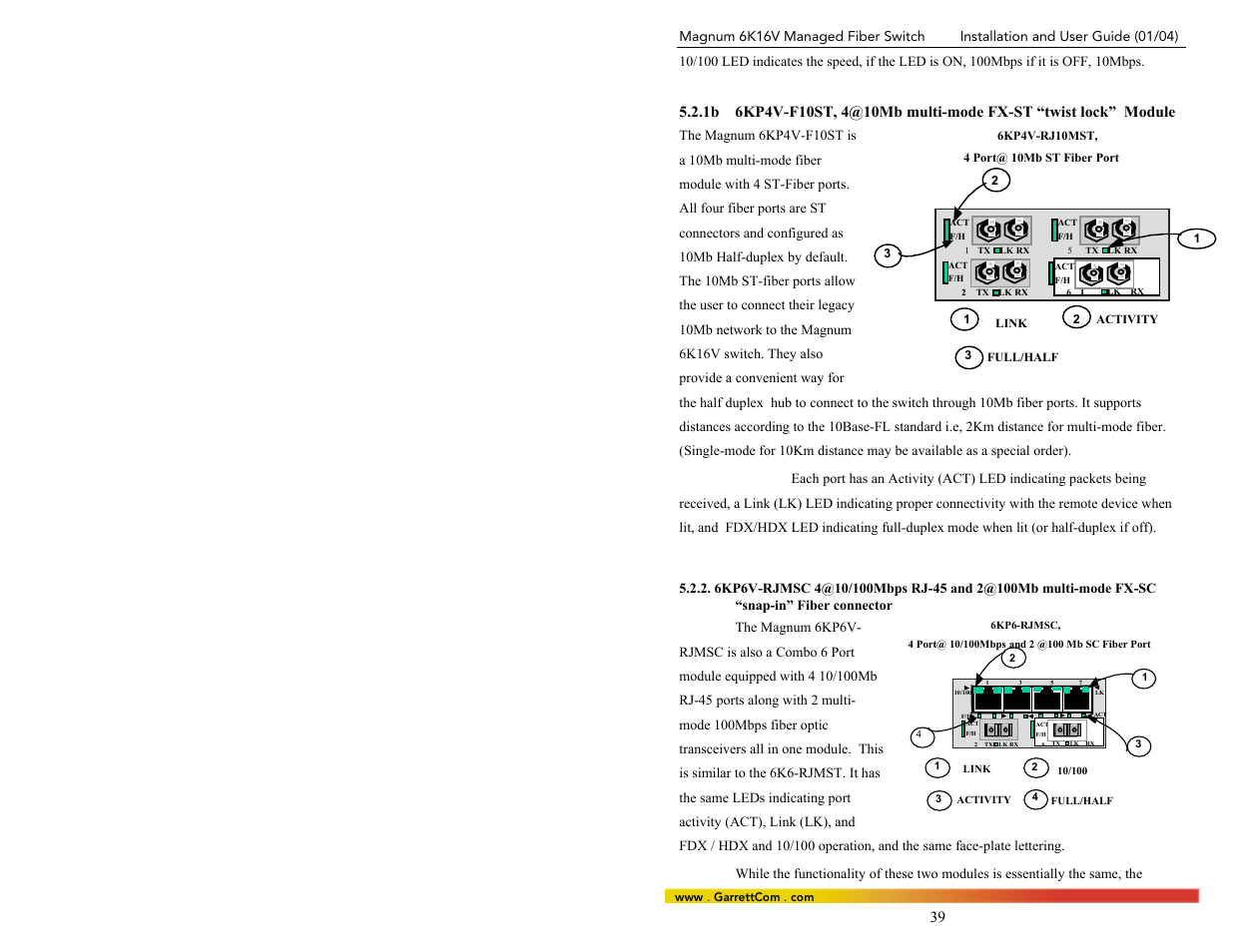 1b6kp4v-f10st, 4@10mb multi-mode fx-st “twist, Snap-in” fiber connector | GarrettCom 6K16V User Manual | Page 46 / 61
