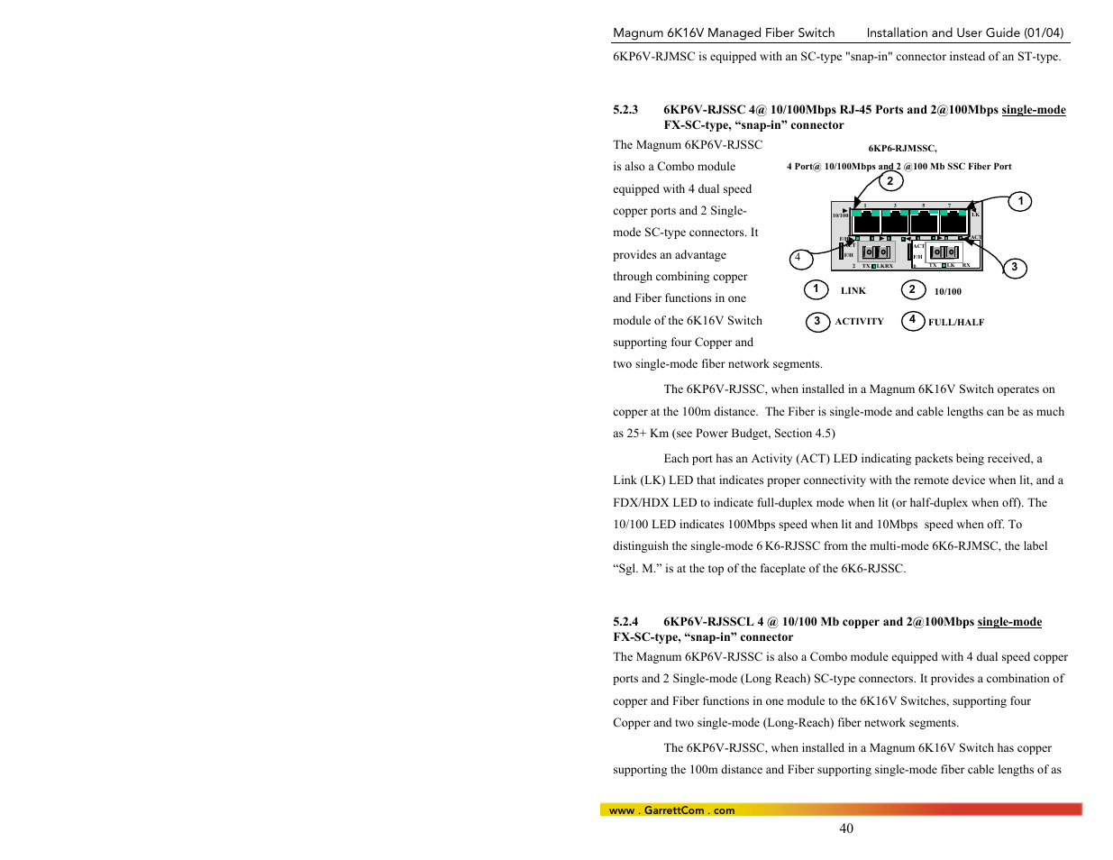 36kp6v-rjssc 4@ 10/100mbps rj-45 ports and 2, Fx-sc-type, “snap-in” connector | GarrettCom 6K16V User Manual | Page 47 / 61