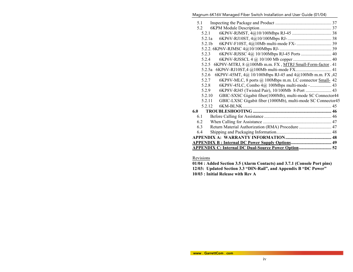 Revisions | GarrettCom 6K16V User Manual | Page 5 / 61