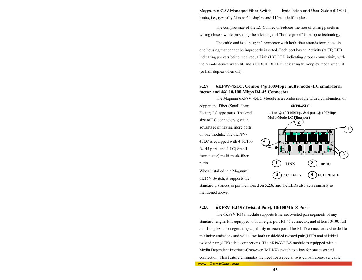 Factor and 4@ 10/100 mbps rj-45 connector, 96kp8v-rj45 (twisted pair), 10/100mb 8-port | GarrettCom 6K16V User Manual | Page 50 / 61