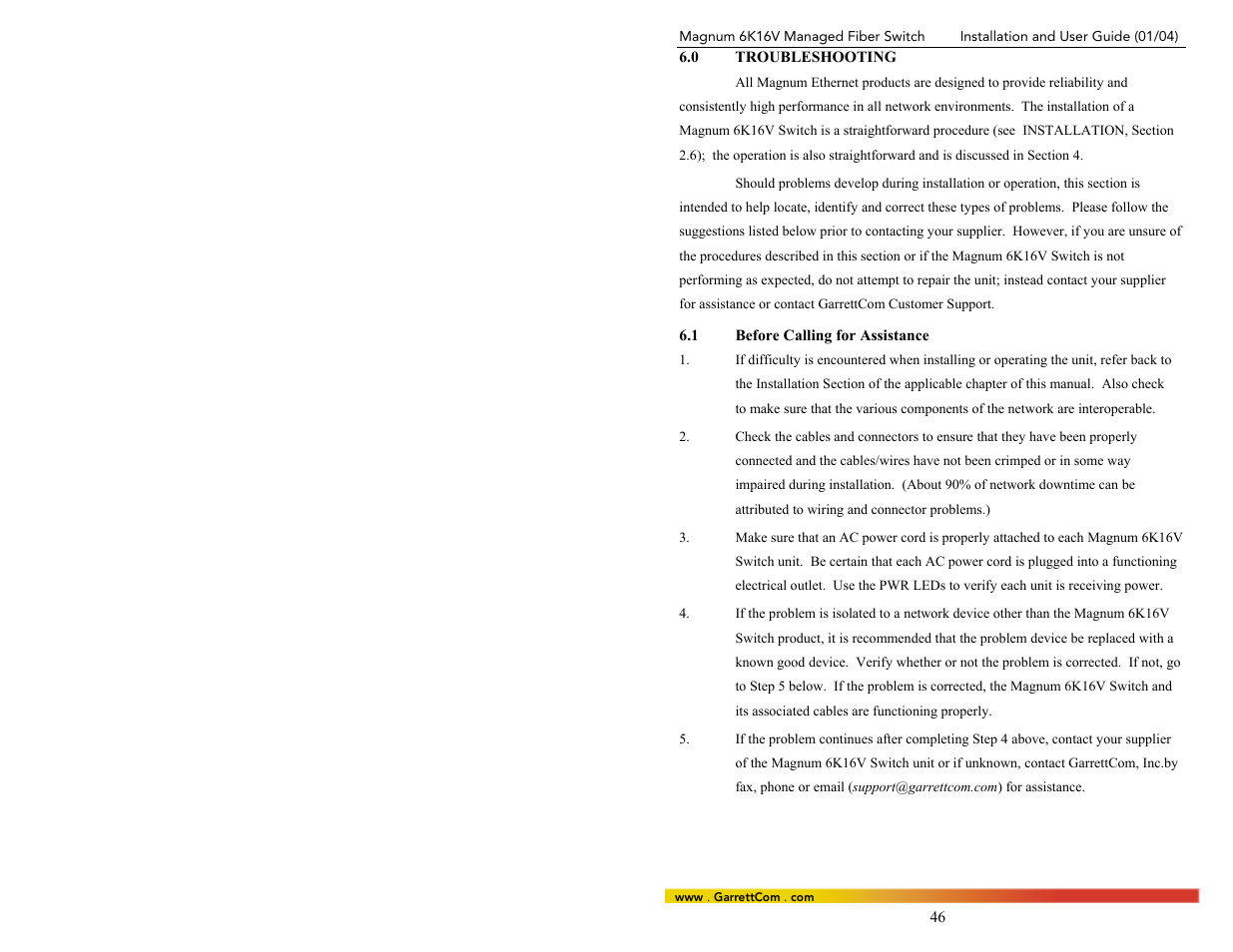 0troubleshooting, 1before calling for assistance | GarrettCom 6K16V User Manual | Page 53 / 61