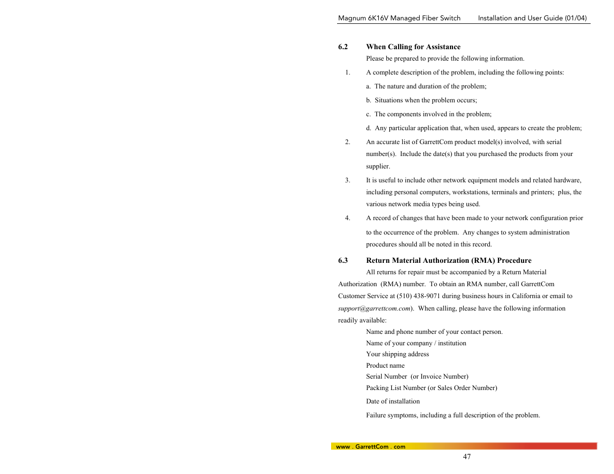 2when calling for assistance, 3return material authorization (rma) procedure | GarrettCom 6K16V User Manual | Page 54 / 61