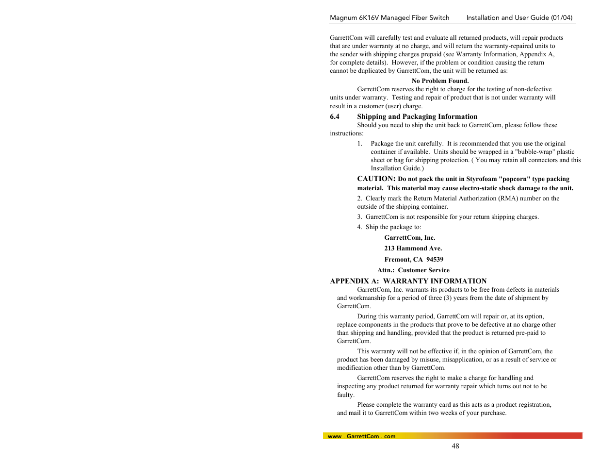 4shipping and packaging information, Appendix a: warranty information | GarrettCom 6K16V User Manual | Page 55 / 61
