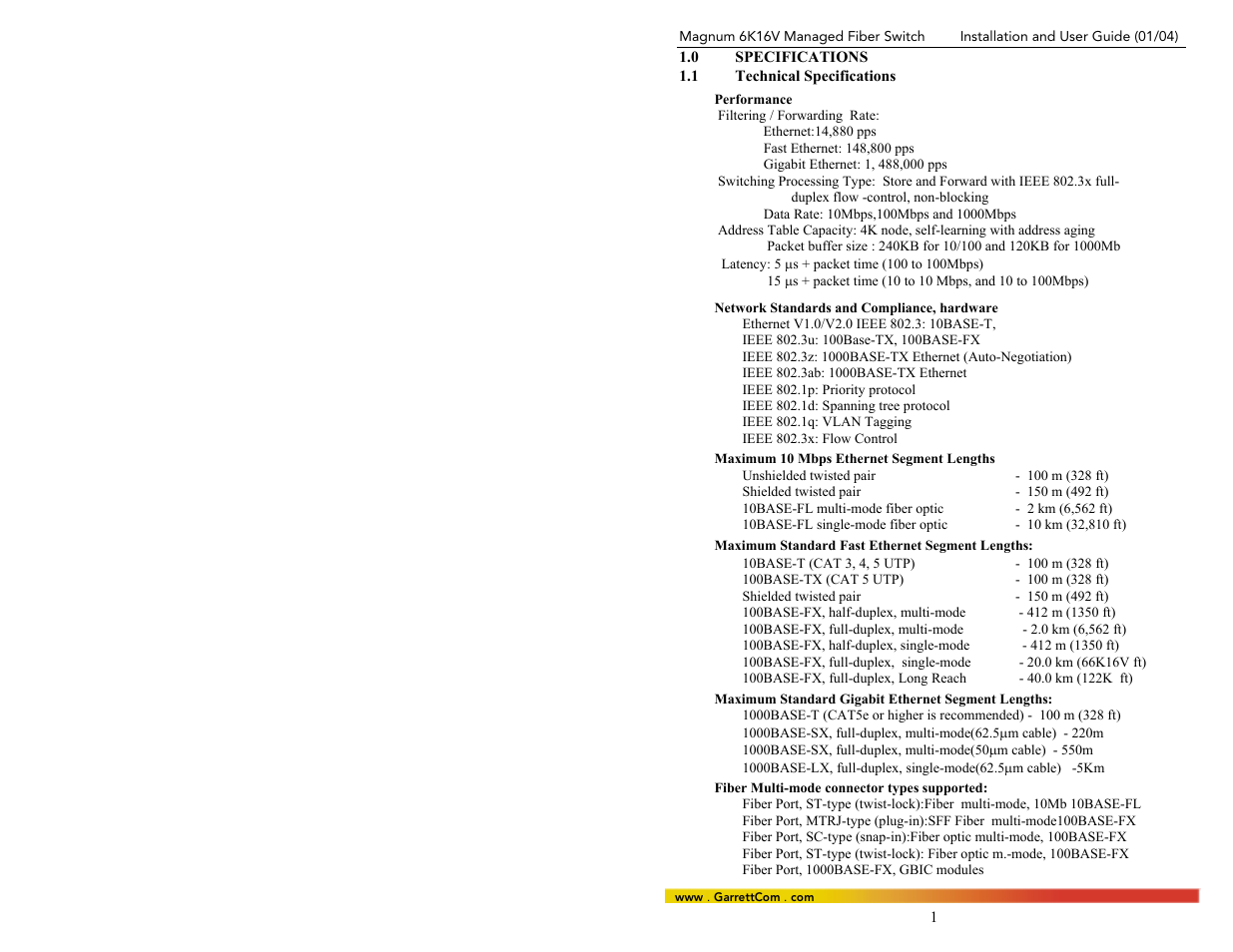 0specifications, 1technical specifications | GarrettCom 6K16V User Manual | Page 8 / 61
