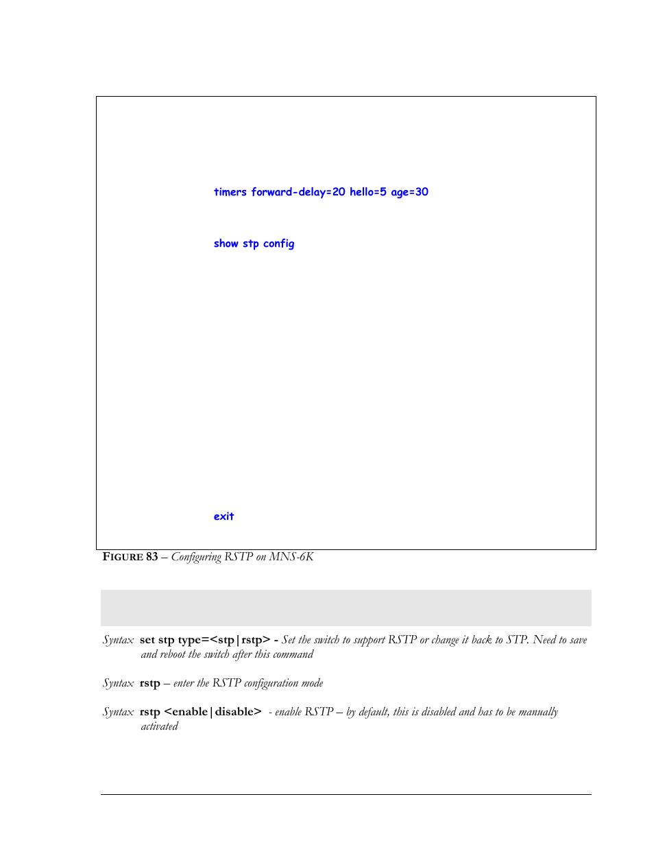 List of commands in this chapter, Igure, 83 – configuring rstp on mns-6k | GarrettCom Magnum MNS-6K User Manual | Page 148 / 329
