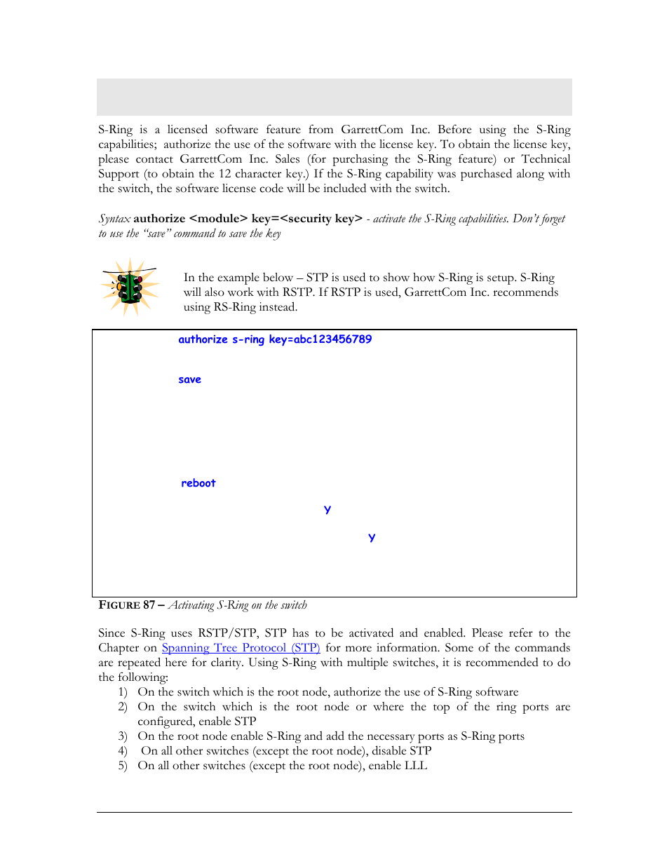 Configuring s-ring, Igure, Activating s-ring on the switch | GarrettCom Magnum MNS-6K User Manual | Page 160 / 329