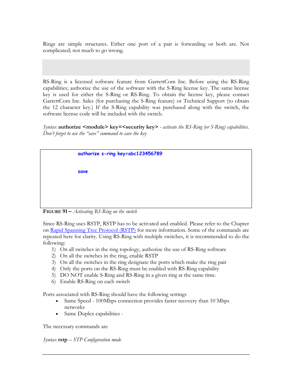 Configuring rs-ring, Igure, Activating rs-ring on the switch | GarrettCom Magnum MNS-6K User Manual | Page 165 / 329