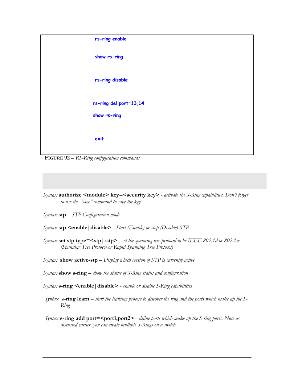 List of commands in this chapter, Igure, 92 – rs-ring configuration commands | GarrettCom Magnum MNS-6K User Manual | Page 167 / 329