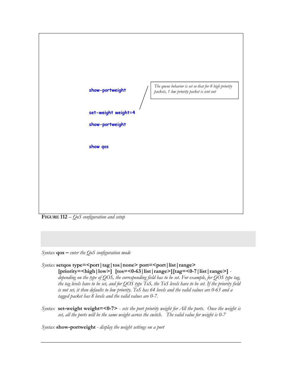 List of commands in this chapter, Igure, 112 – qos configuration and setup | GarrettCom Magnum MNS-6K User Manual | Page 194 / 329