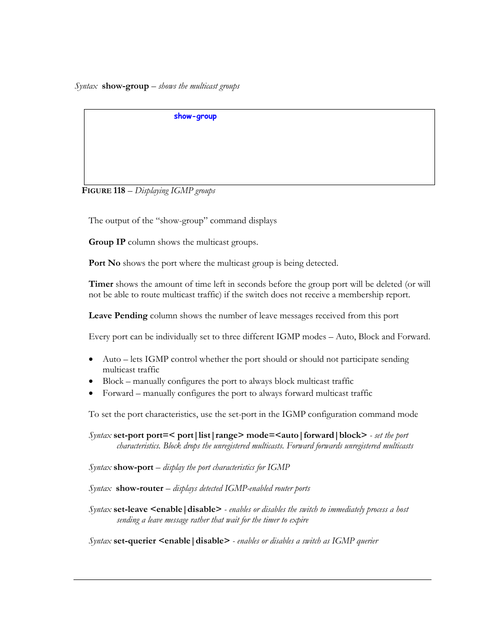 Igure, 118 – displaying igmp groups | GarrettCom Magnum MNS-6K User Manual | Page 205 / 329