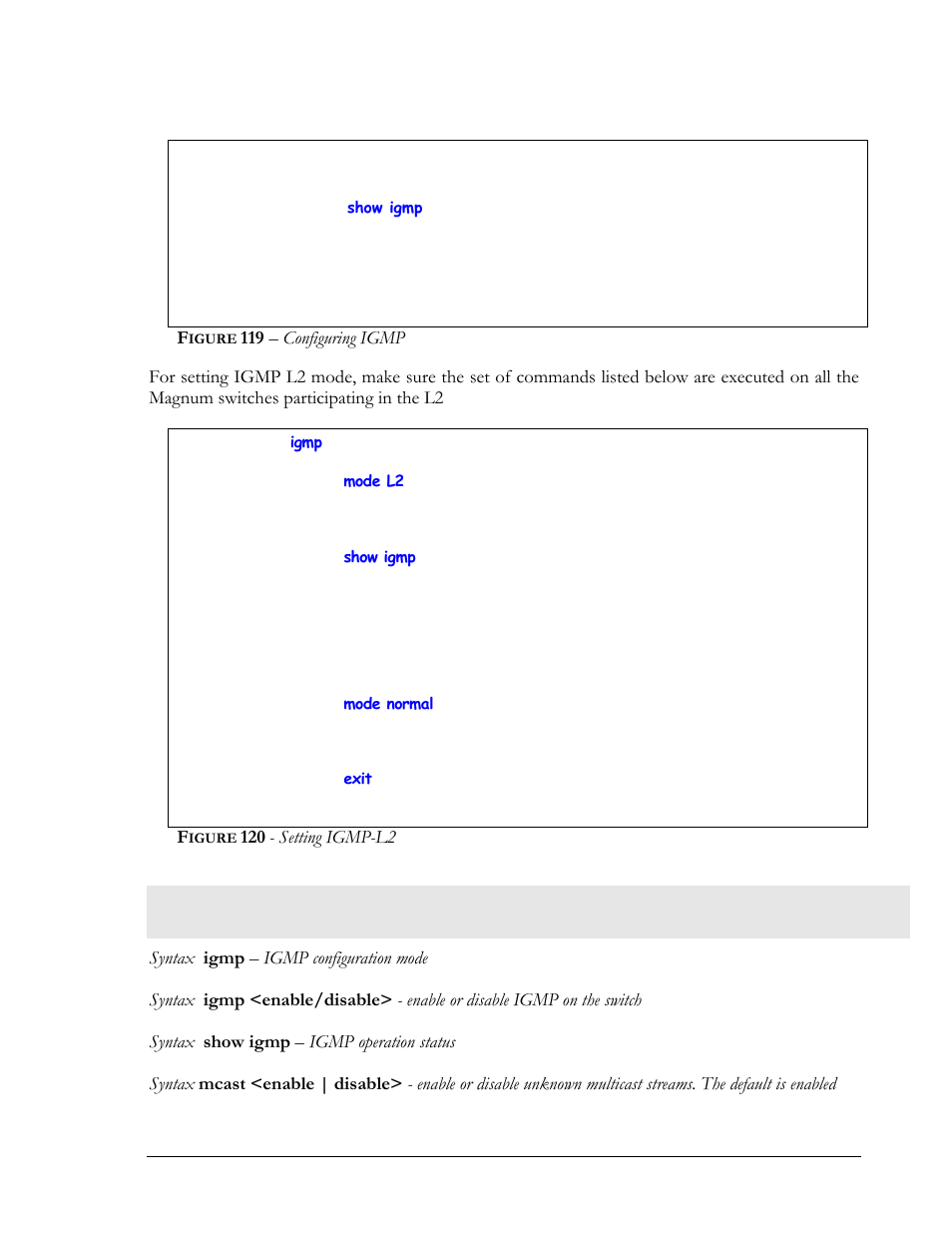 List of commands in this chapter, Igure, 119 – configuring igmp | Setting igmp-l2 | GarrettCom Magnum MNS-6K User Manual | Page 208 / 329