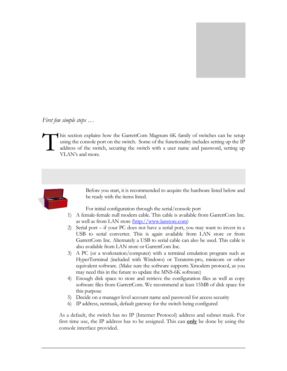 2 – getting started, Before starting | GarrettCom Magnum MNS-6K User Manual | Page 23 / 329