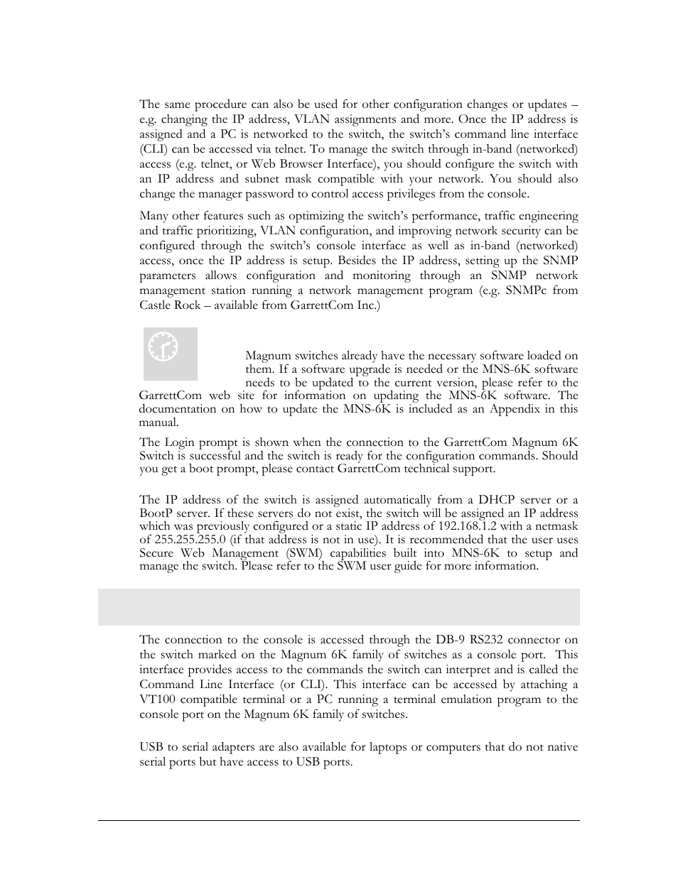 Mns-6k software updates, Console connection | GarrettCom Magnum MNS-6K User Manual | Page 24 / 329