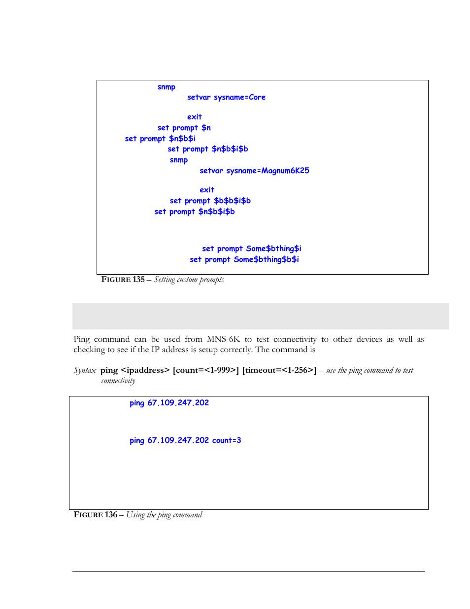 Ping, Igure, Setting custom prompts | Using the ping command | GarrettCom Magnum MNS-6K User Manual | Page 248 / 329