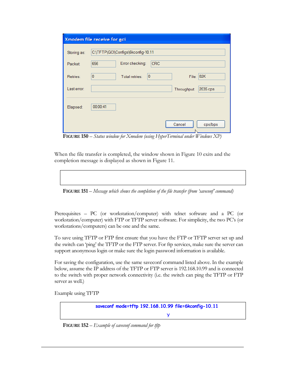 Network access, Igure, 152 – example of saveconf command for tftp | GarrettCom Magnum MNS-6K User Manual | Page 313 / 329