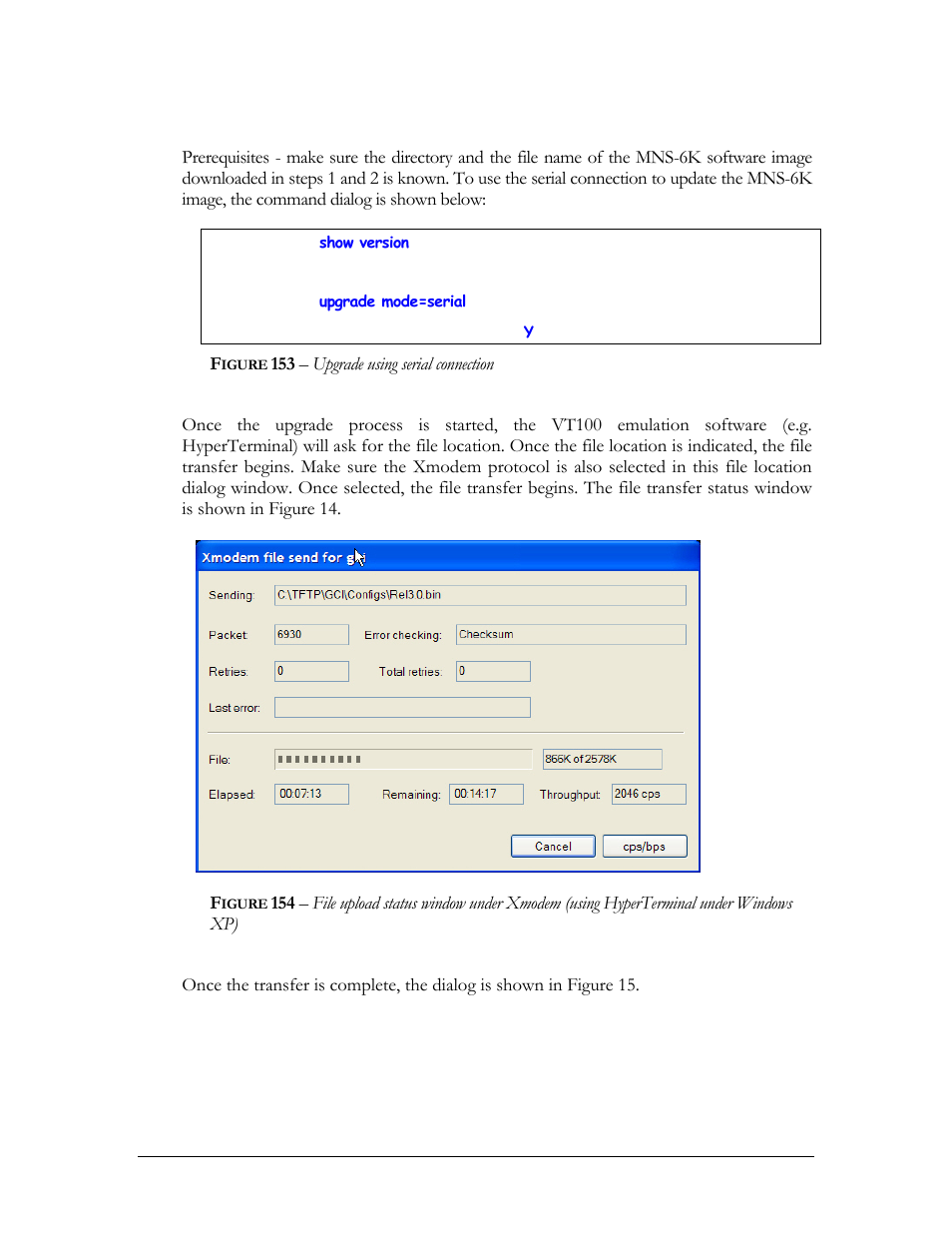 Serial connection, Igure, 153 – upgrade using serial connection | GarrettCom Magnum MNS-6K User Manual | Page 316 / 329