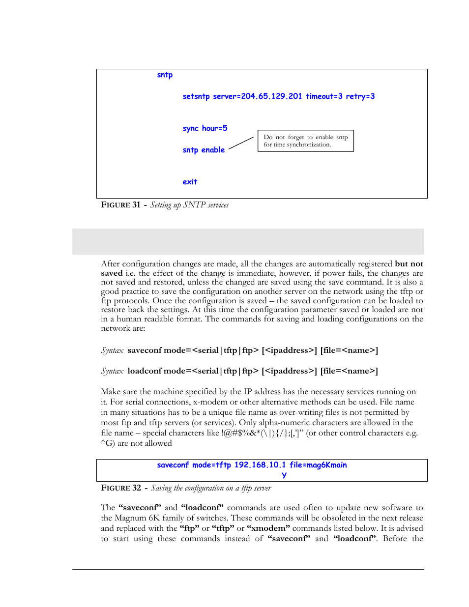 Saving and loading configuration, Igure, Setting up sntp services | Saving the configuration on a tftp server | GarrettCom Magnum MNS-6K User Manual | Page 46 / 329