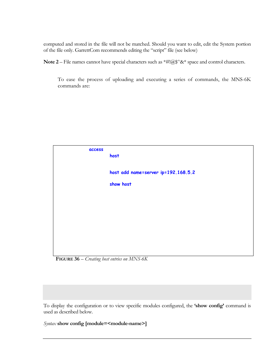 Displaying configuration, Igure, 36 – creating host entries on mns-6k | GarrettCom Magnum MNS-6K User Manual | Page 51 / 329