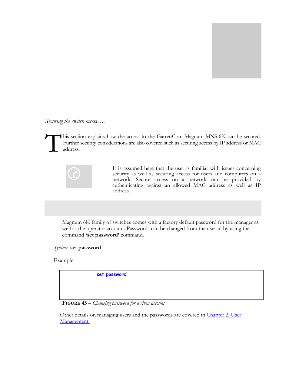 Securing access, 5 – access considerations, Passwords | Igure, 43 – changing password for a given account | GarrettCom Magnum MNS-6K User Manual | Page 65 / 329