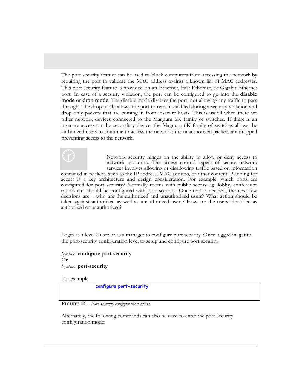 Network security, Configuring port security, Port security | Network security configuring port security, Igure, 44 – port security configuration mode | GarrettCom Magnum MNS-6K User Manual | Page 66 / 329