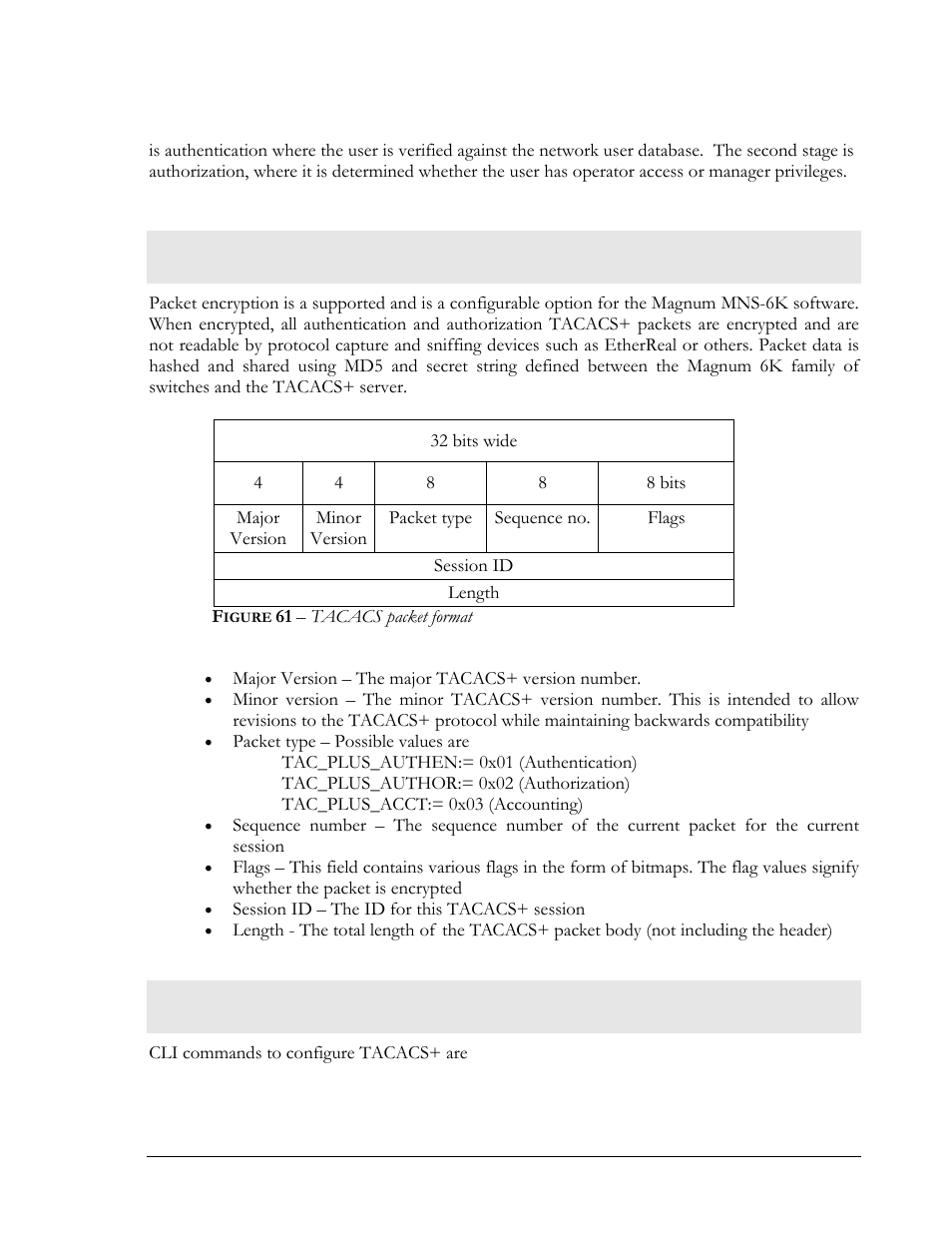Tacacs+ packet, Configuring tacacs, Igure | 61 – tacacs packet format | GarrettCom Magnum MNS-6K User Manual | Page 90 / 329
