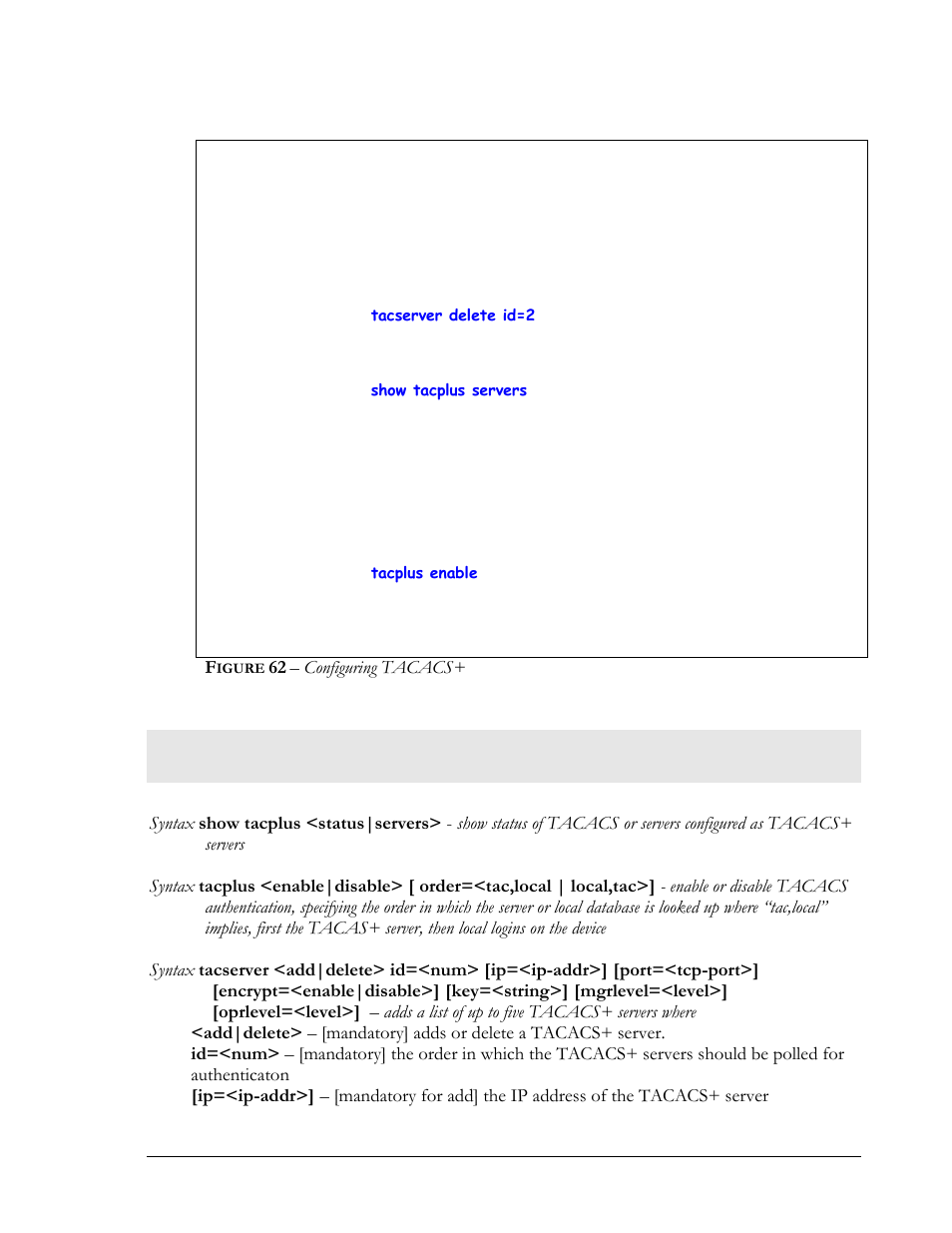 List of commands in this chapter, Igure, Configuring tacacs | GarrettCom Magnum MNS-6K User Manual | Page 92 / 329