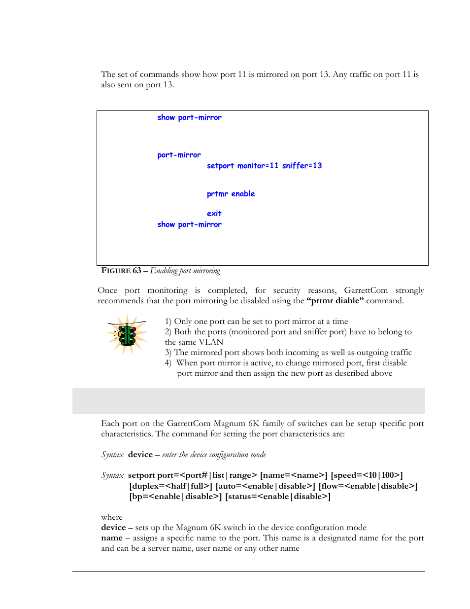 Port setup, Igure, 63 – enabling port mirroring | GarrettCom Magnum MNS-6K User Manual | Page 95 / 329