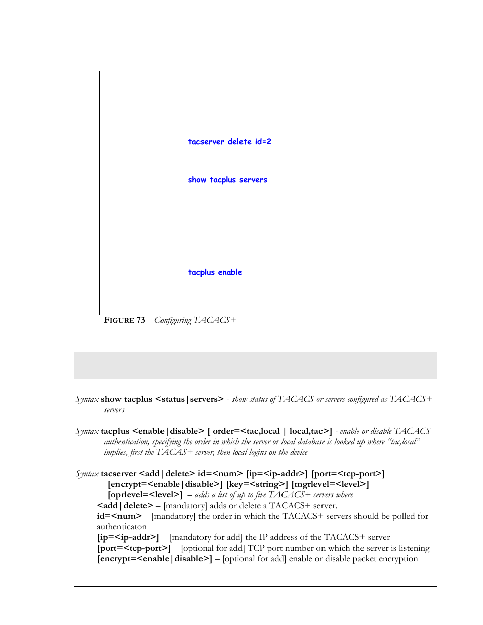 List of commands in this chapter, Igure, Configuring tacacs | GarrettCom MNS-6K 4.1.4 User Manual | Page 121 / 364