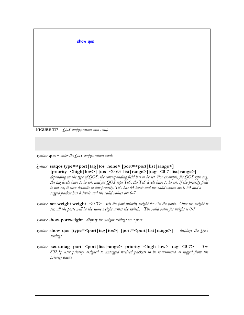 List of commands in this chapter, Igure, 117 – qos configuration and setup | GarrettCom MNS-6K 4.1.4 User Manual | Page 214 / 364