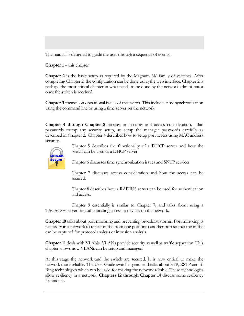 Flow of the user guide | GarrettCom MNS-6K 4.1.4 User Manual | Page 22 / 364